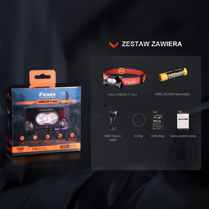 Zestaw Fenix HM65R-T V2.0 z akumulatorem i kablem USB-C