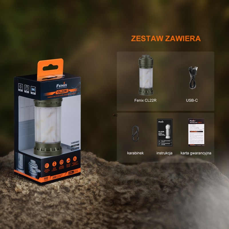 Latarka kempingowa Fenix CL22R zielona - ładowanie USB-C