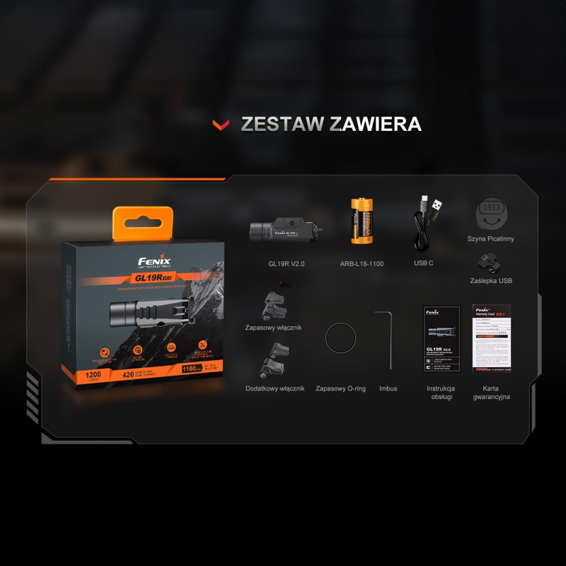 Latarka Fenix GL19R V2.0 z dołączonymi akcesoriami
