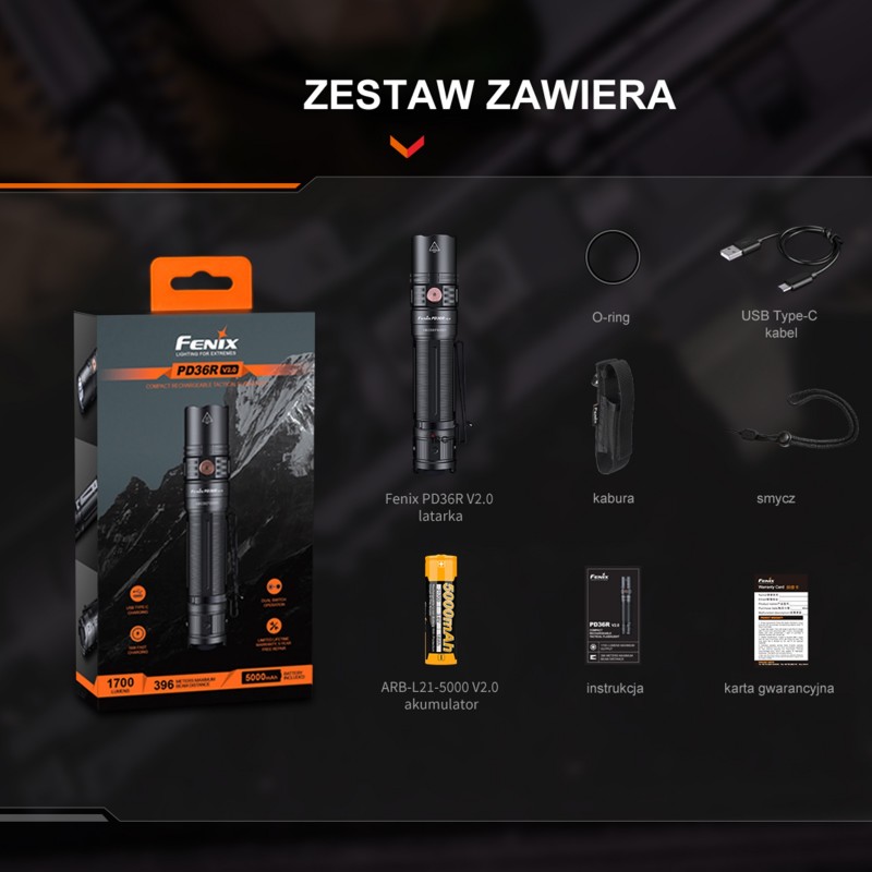 Latarka taktyczna LED Fenix PD36R V2.0 - zasilanie USB-C