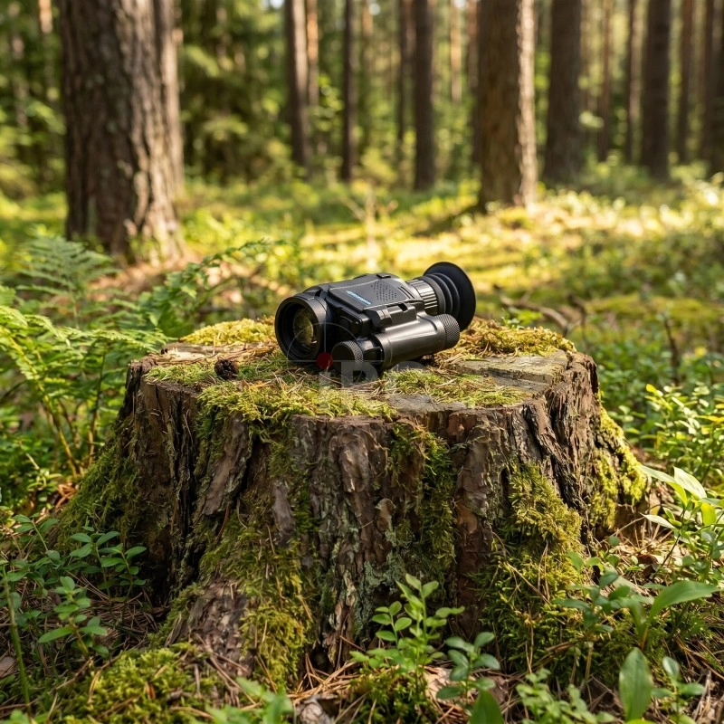 Nasadka noktowizyjna PARD na pieńku w lesie — obserwacja na dystansie
