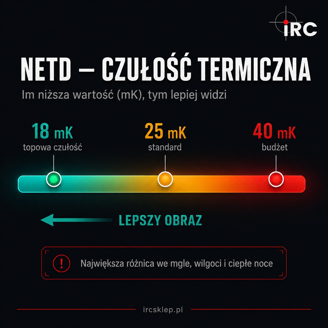 Skala NETD termowizora: 18, 25 i 40 mK — im niższa wartość, tym lepsza czułość termiczna